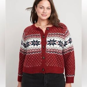 Old Navy Fair Isle Snowflake Cropped Cardigan Sweater Size XL Nordic Cabincore
